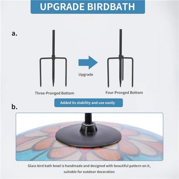 Bird Baths for Outdoors, Glass Birdbath Birdfeeder Bowl with Metal Stake - Picture 6 of 7